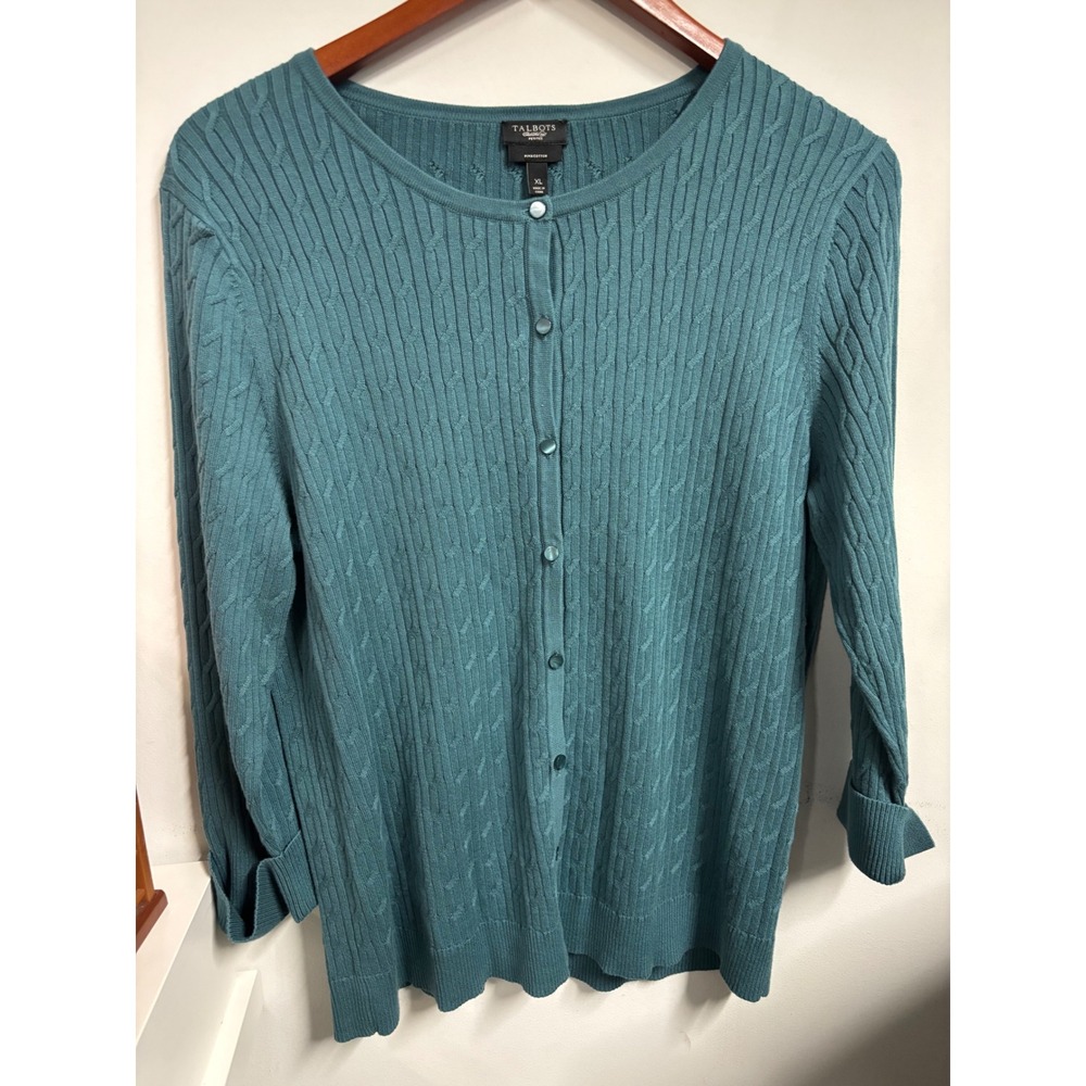 Talbots Petites XL Teal Blue Cotton Cable Knit Button Front Cardigan